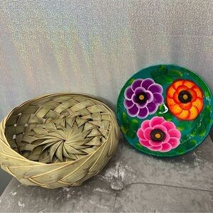 2 bowls Mexican  floral day of the dead style and handmade boho bowl bamboo💜🩷